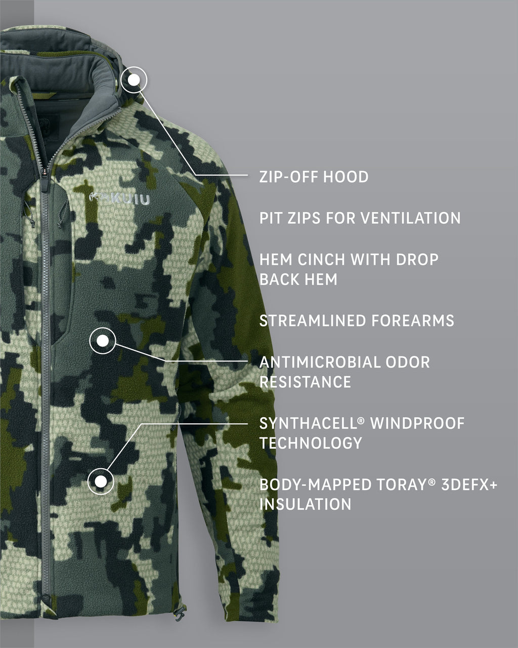 Proximity Hooded Jacket in Verde Camouflage Detail Callout, Highlighting Zip-Hood, Pit Zips for Ventilation, Hem Cinch with Drop Back Hem, Streamlined Forearms, Antimicrobial Odor Resistance, Synthacell Windproof, and Body-Mapped Toray 3DEFX Insulation