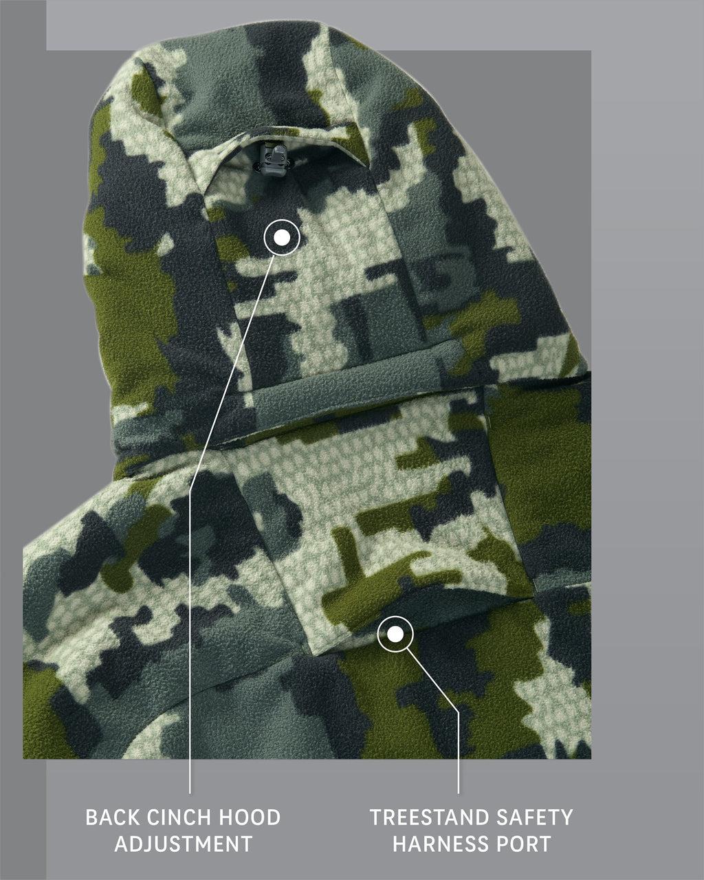 Proximity Hooded Jacket in Verde Camouflage Hood Adjustment and Treestand Harness Port Detail Callout