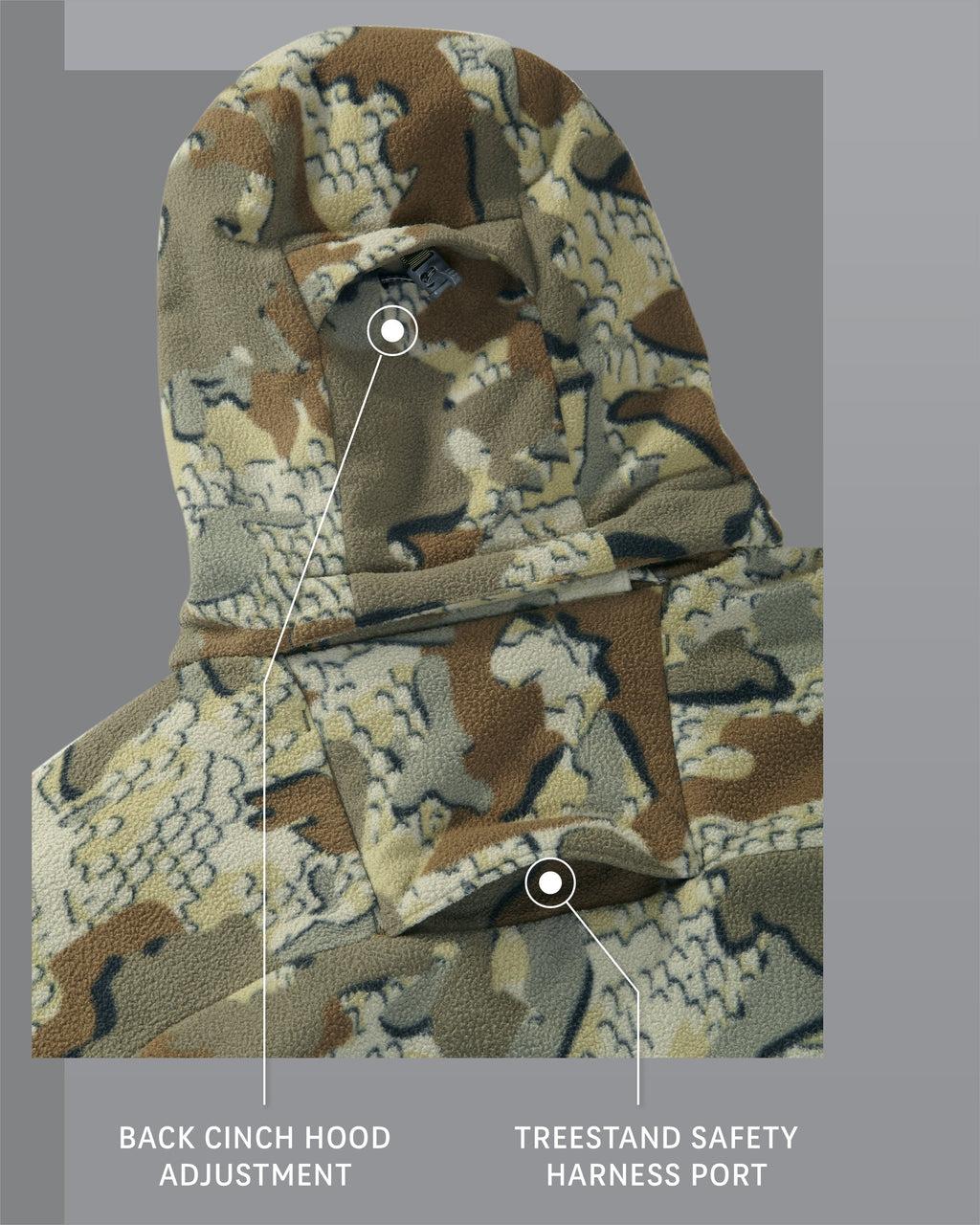 Proximity LT Hooded Jacket in Valo Camouflage Hood Adjustment and Treestand Harness Port Detail Callout