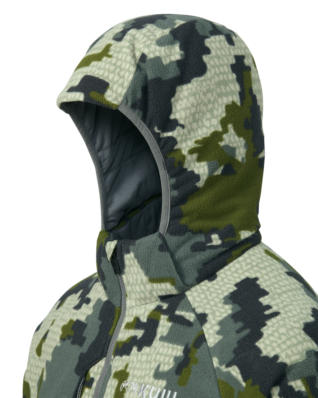 Detail of Hood on the Proximity Hooded Insulated Jacket in Verde Camouflage