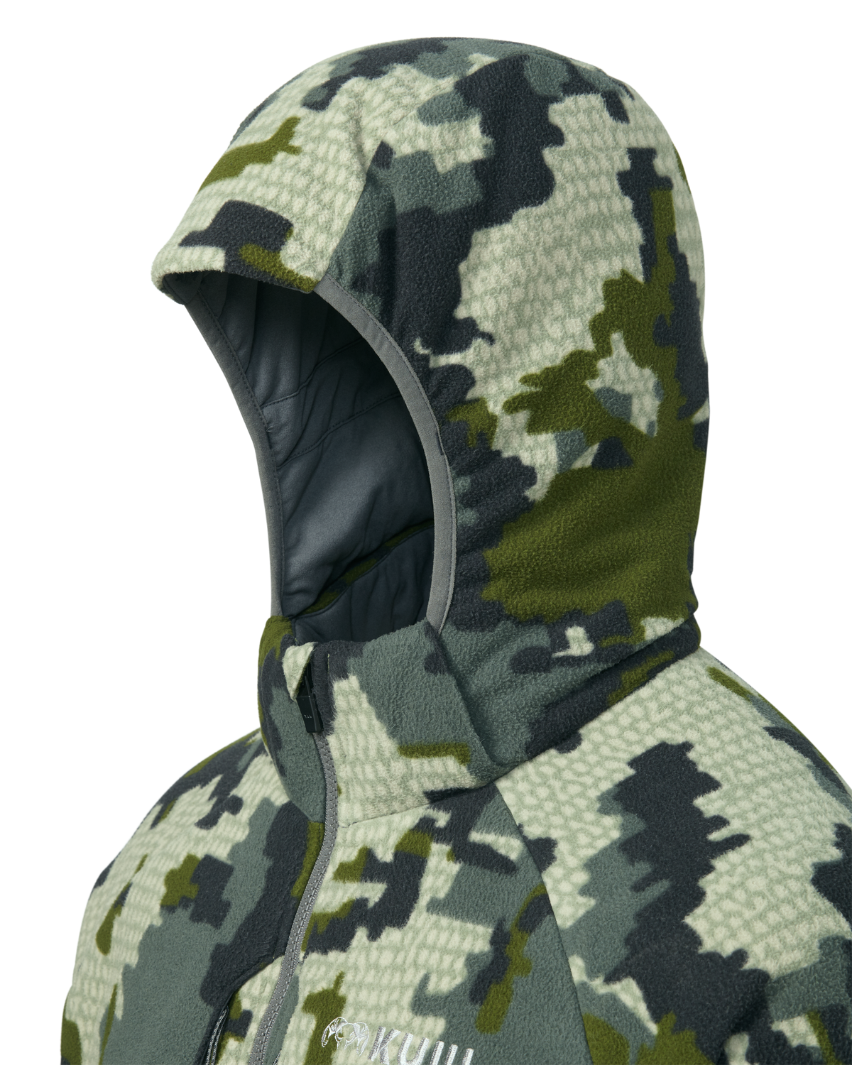 Detail of Hood on the Proximity Hooded Insulated Jacket in Verde Camouflage