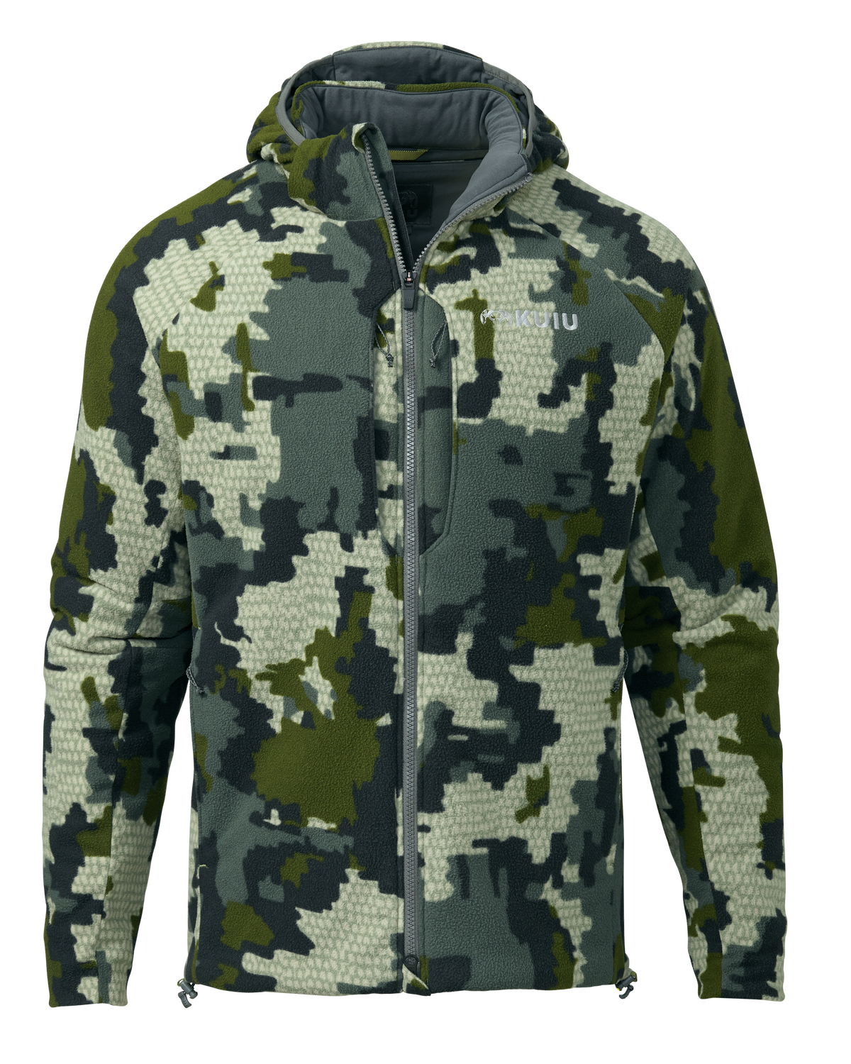 Front of Proximity Hooded Insulated Jacket in Verde Camouflage