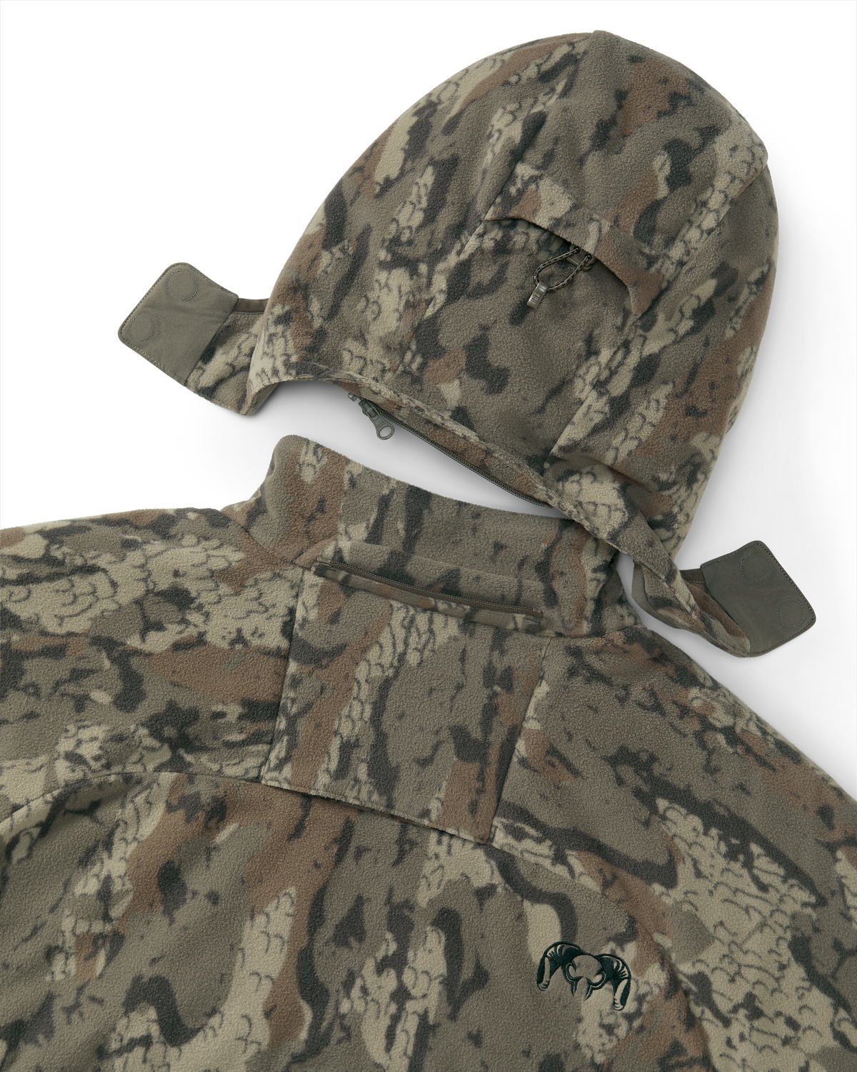 Close-up of a detached hood of the Proximity Hooded Insulated Jacket showing textured fabric and zippered detail.