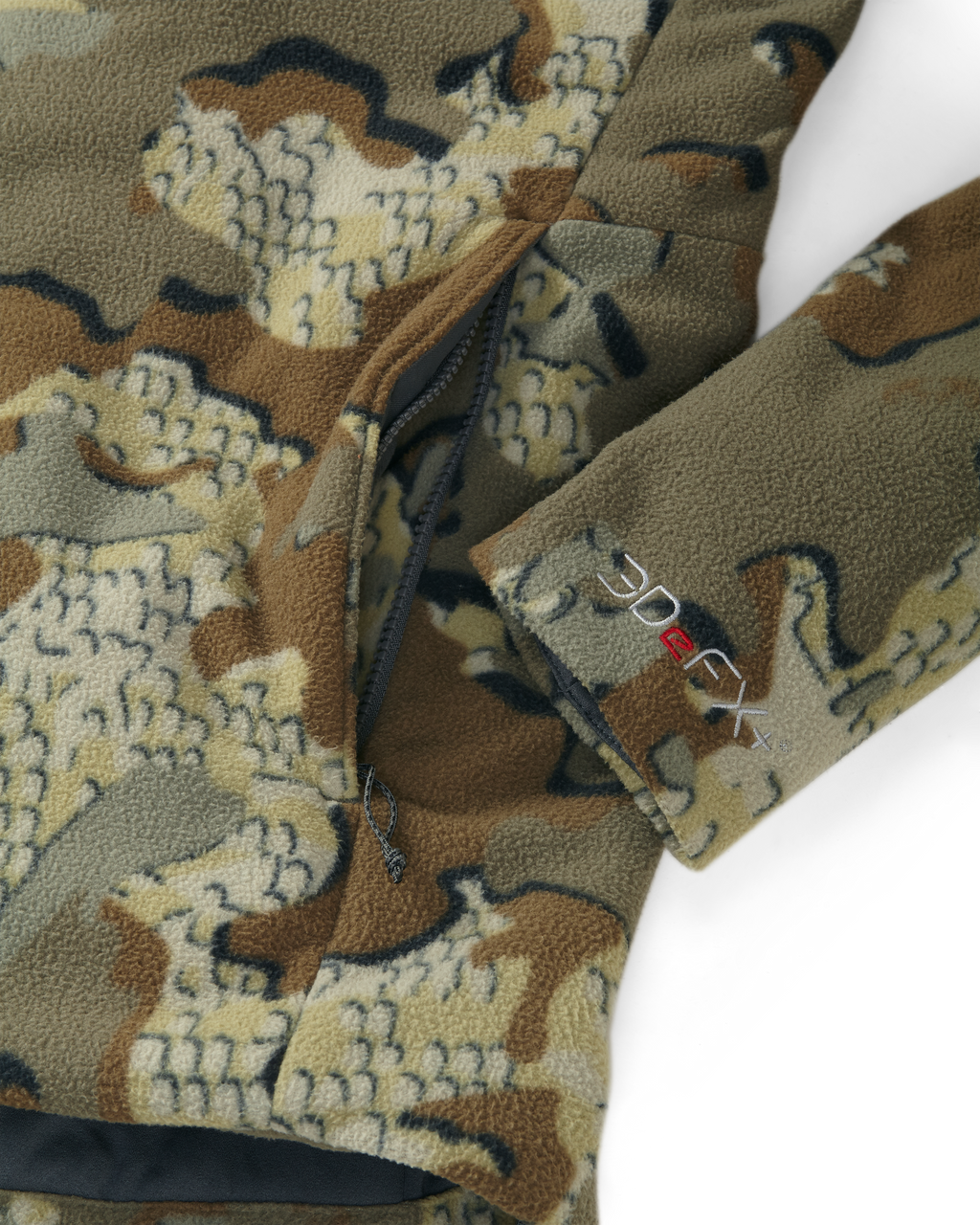 Close-up of zippered hand pockets, highlighting 3DeFX embroidered on wrist cuffs
