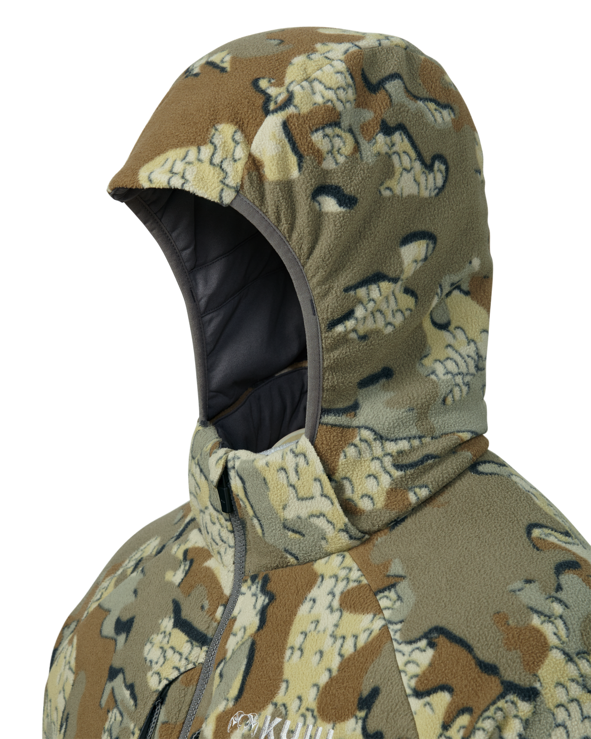 Detail of Hood on the Proximity Hooded Insulated Jacket in Valo Camouflage