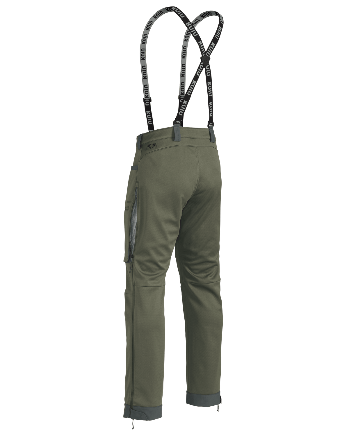Back of Encounter Pant in Ash Brown with suspenders showing open hip vent