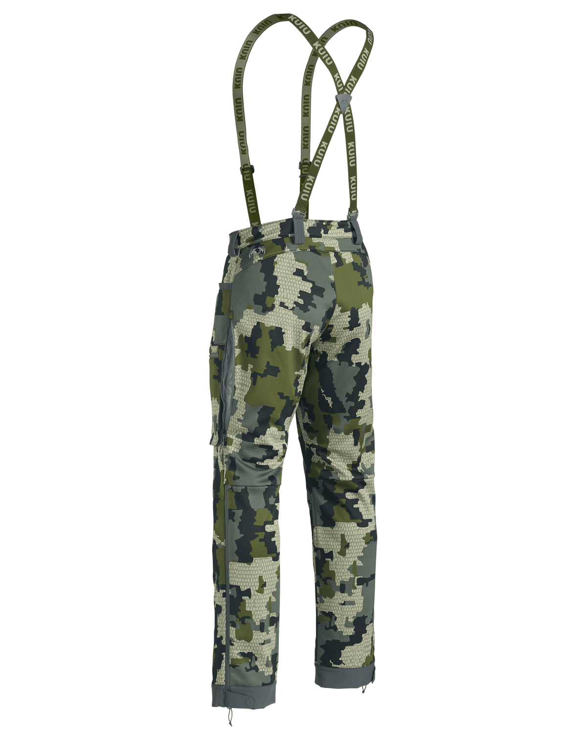 Back of Encounter Pant in Verde Camouflage with suspenders showing open hip vent