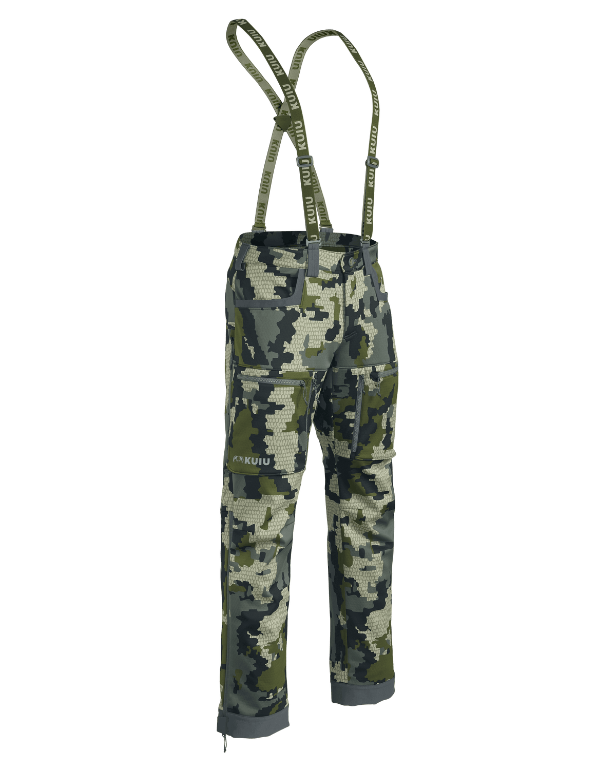 Front of Encounter Pant with Suspenders in Verde Camouflage