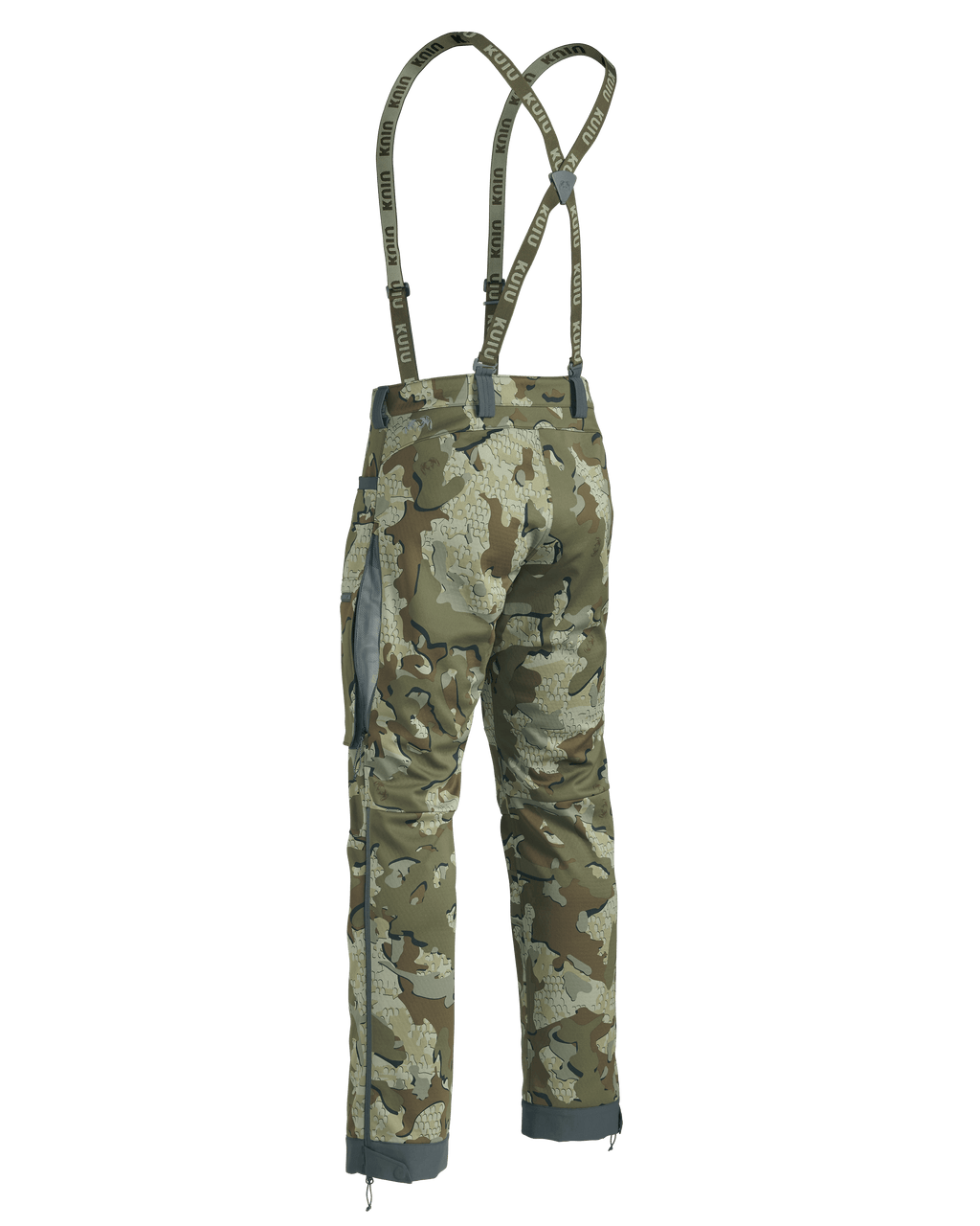Back of Encounter Pant in Valo Camouflage with suspenders showing open hip vent