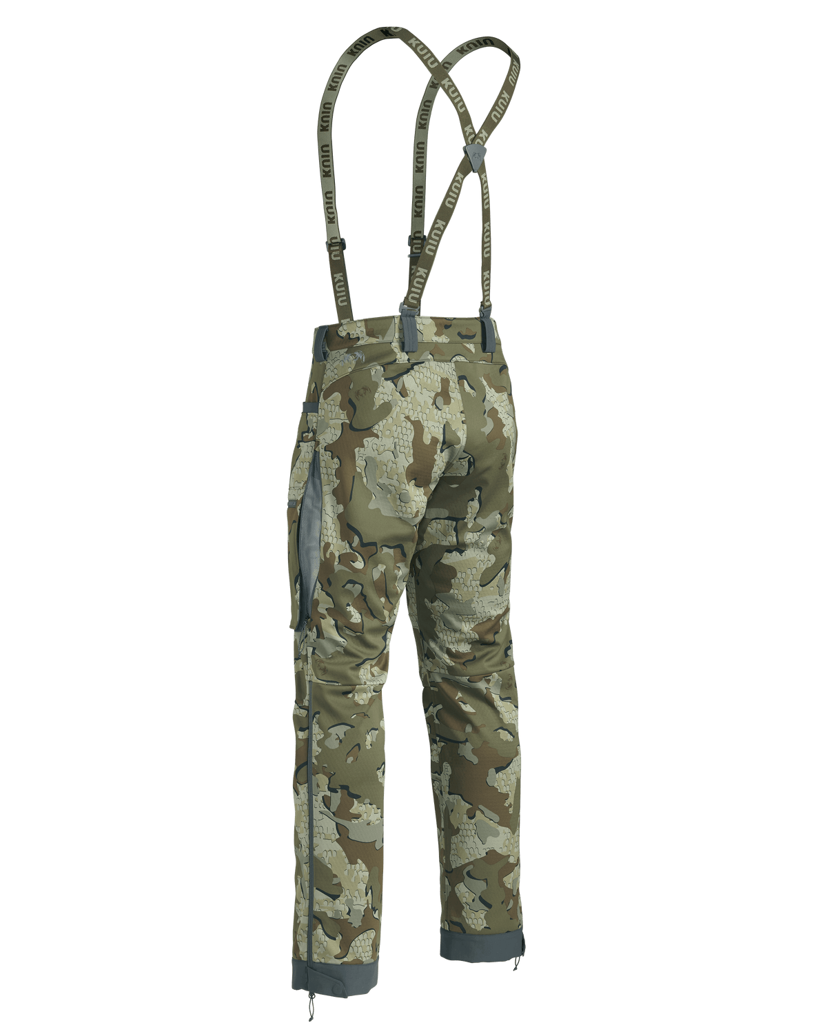 Back of Encounter Pant in Valo Camouflage with suspenders showing open hip vent