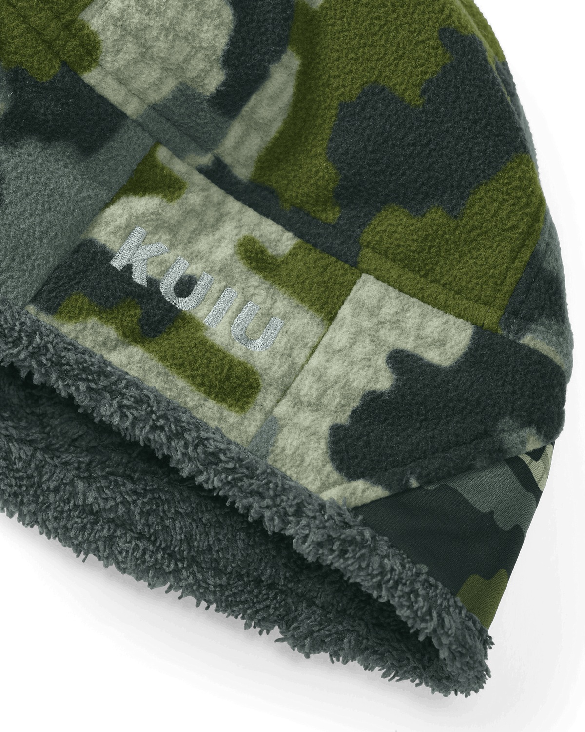 Detail fabric and logo placement on KUIU Proximity Beanie in Verde Camouflage