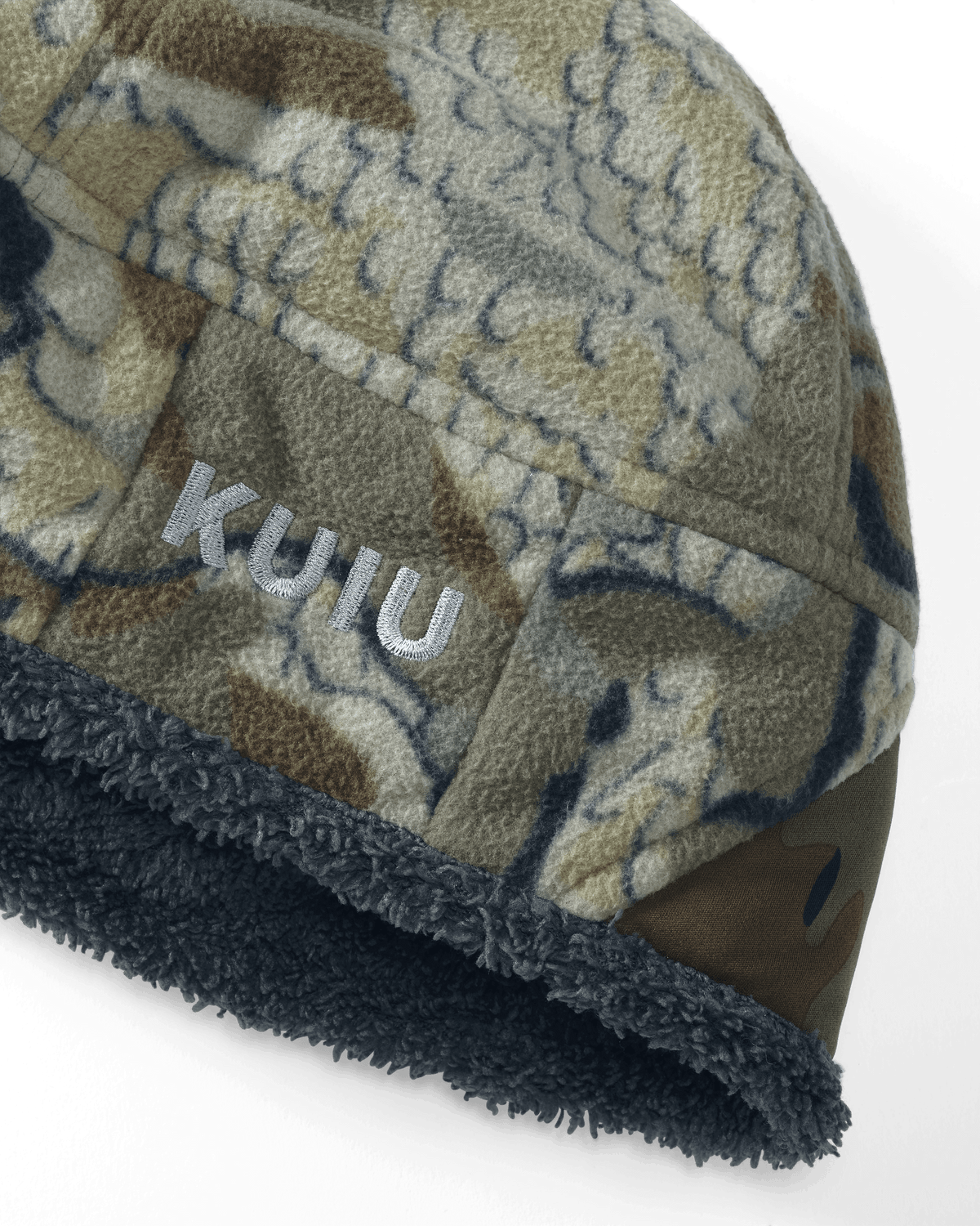 Detail fabric and logo placement on KUIU Proximity Beanie in Valo Camouflage