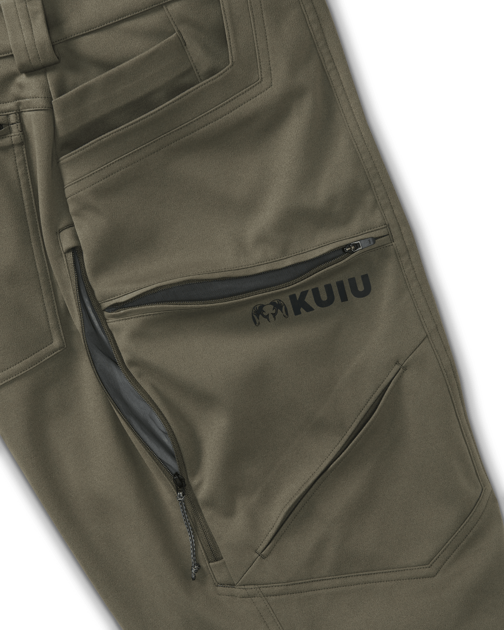 Close-up view, highlighting side front zippered cargo pockets with inverted box pleat, zippered back patch pockets and open hand pockets with phone pocket sleeve on Encounter LT Pant in Ash Brown
