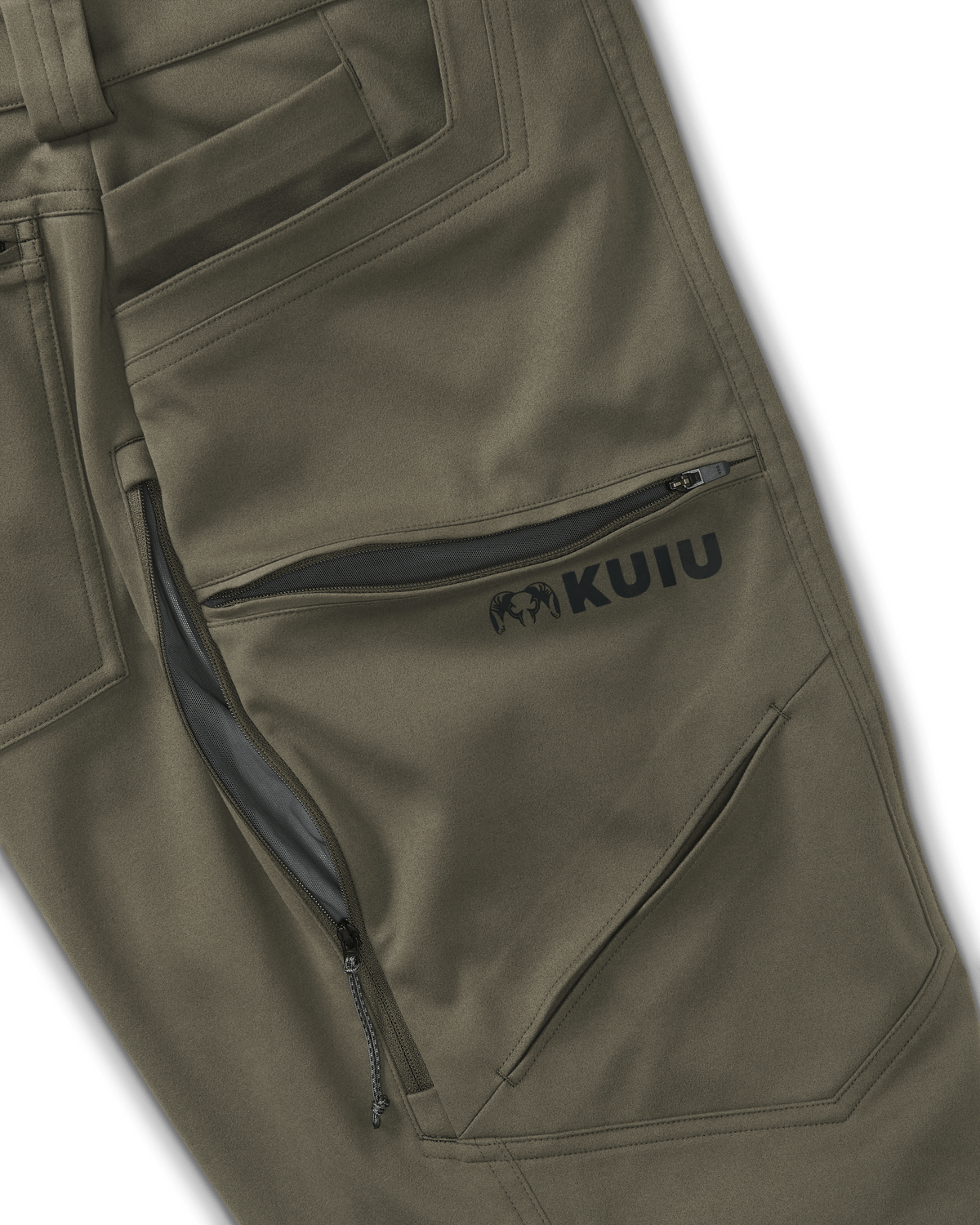 Close-up view, highlighting side front zippered cargo pockets with inverted box pleat, zippered back patch pockets and open hand pockets with phone pocket sleeve on Encounter LT Pant in Ash Brown