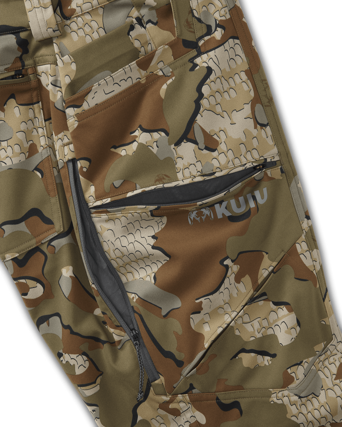 Close-up view, highlighting side front zippered cargo pockets with inverted box pleat, zippered back patch pockets and open hand pockets with phone pocket sleeve on Encounter LT Pant in Valo Camouflage