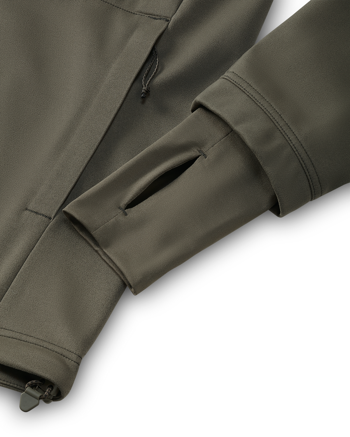 Detail of gasket wrist cuffs with thumbholes on the Drawpoint Hoodie in Ash Brown.