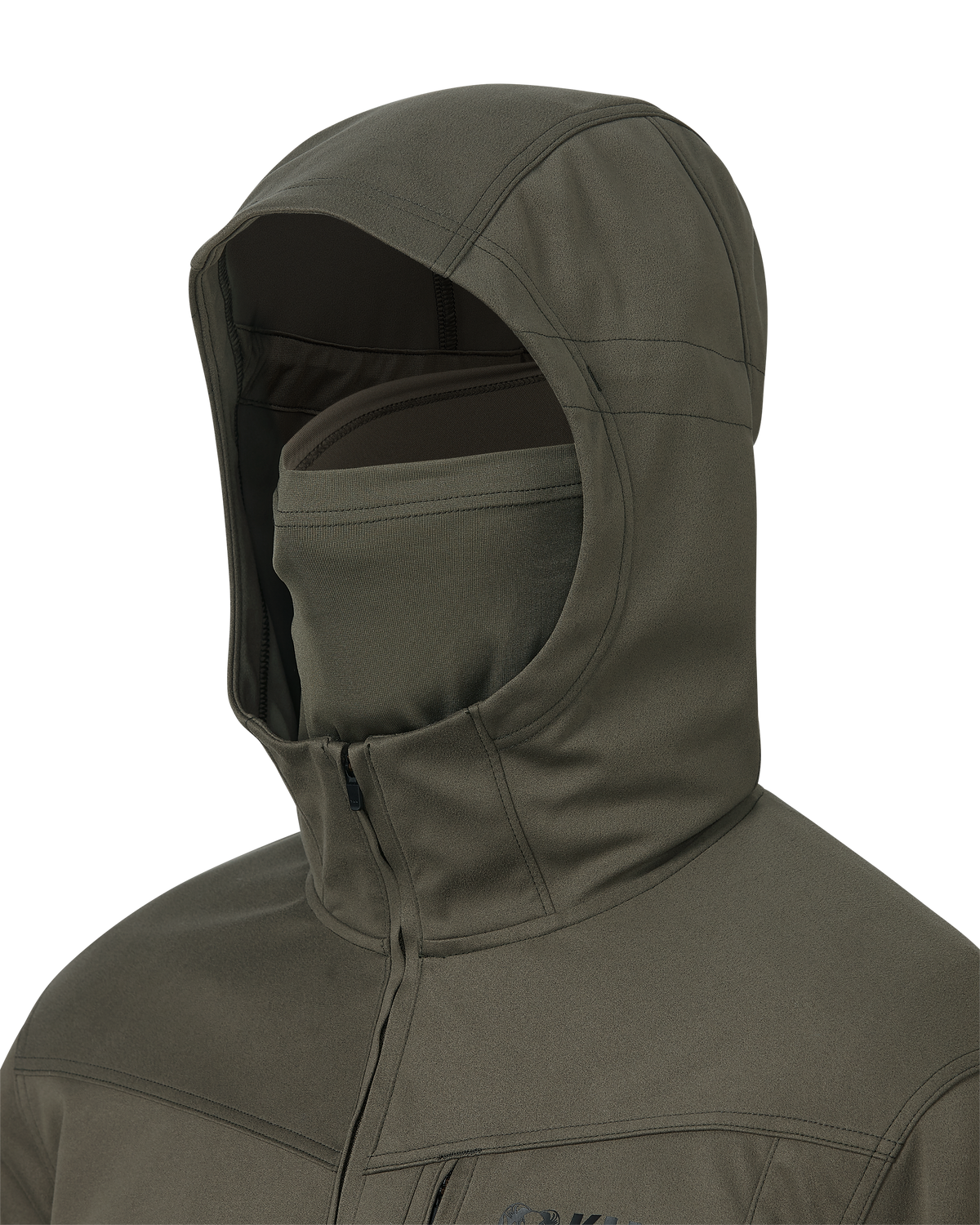 A close-up of hood with built-in, matching neck gaiter shown on the Drawpoint Hoodie in Ash Brown