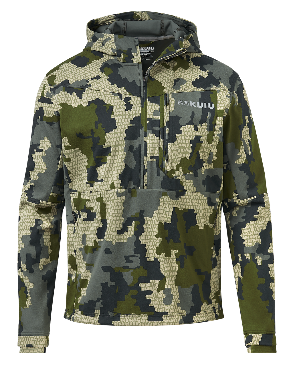 Front of Drawpoint Hoodie in Verde camouflage