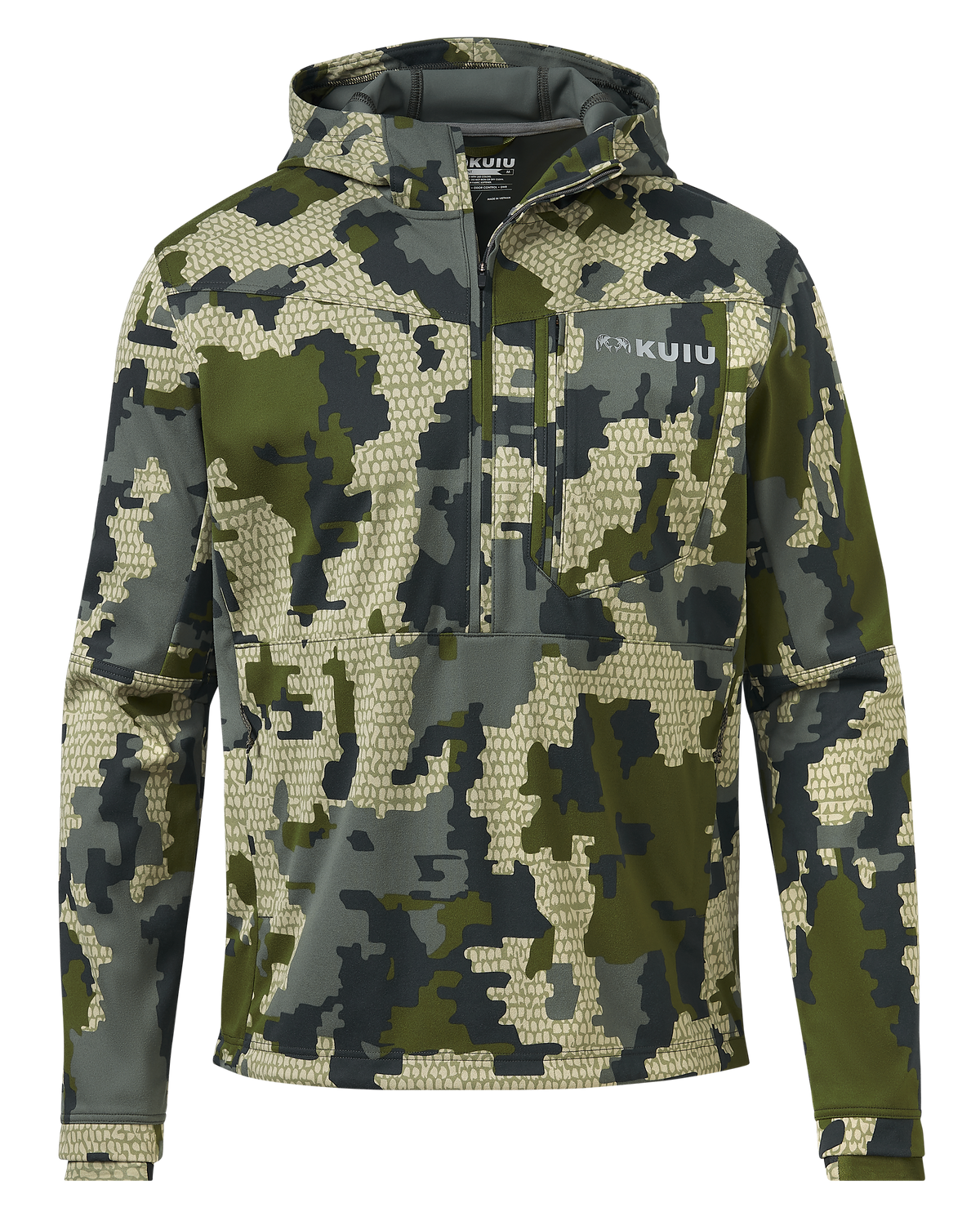 Front of Drawpoint Hoodie in Verde camouflage