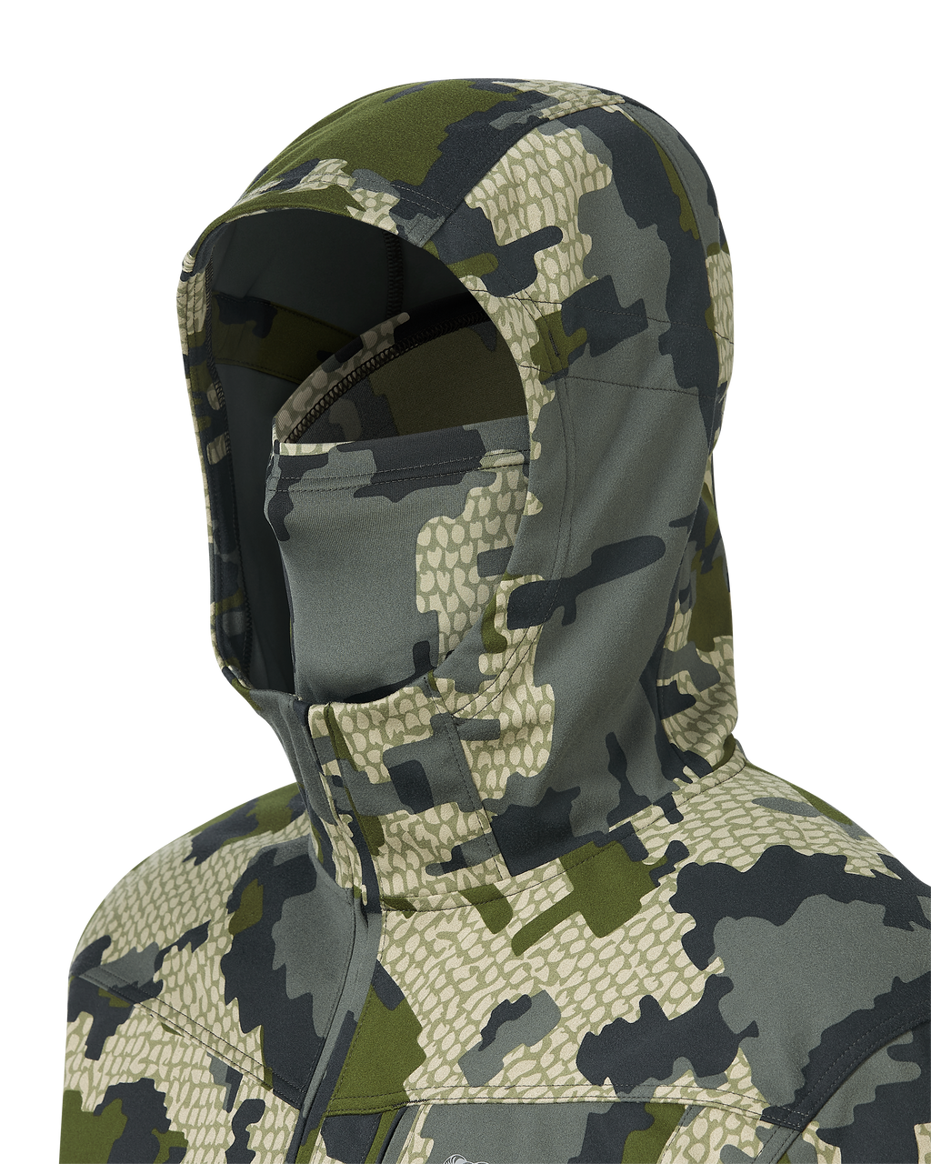 A close-up of hood with built-in, matching neck gaiter shown on the Drawpoint Hoodie in Verde Camouflage.