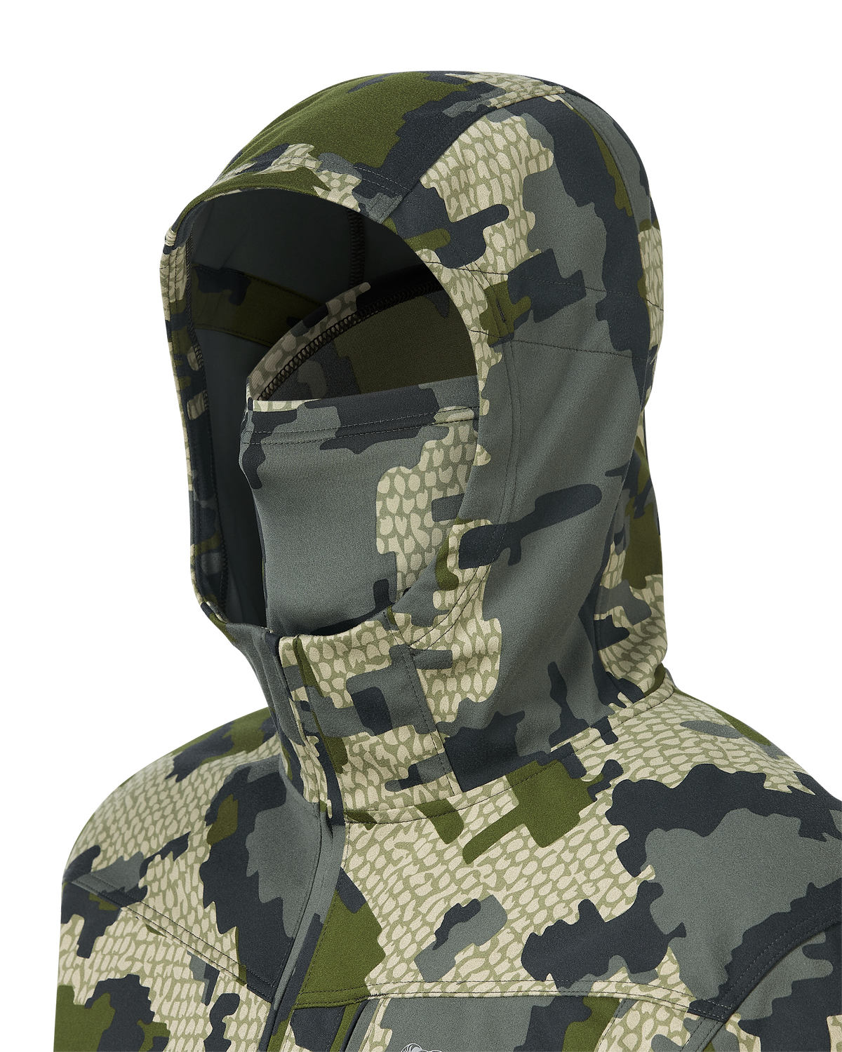 A close-up of hood with built-in, matching neck gaiter shown on the Drawpoint Hoodie in Verde Camouflage.