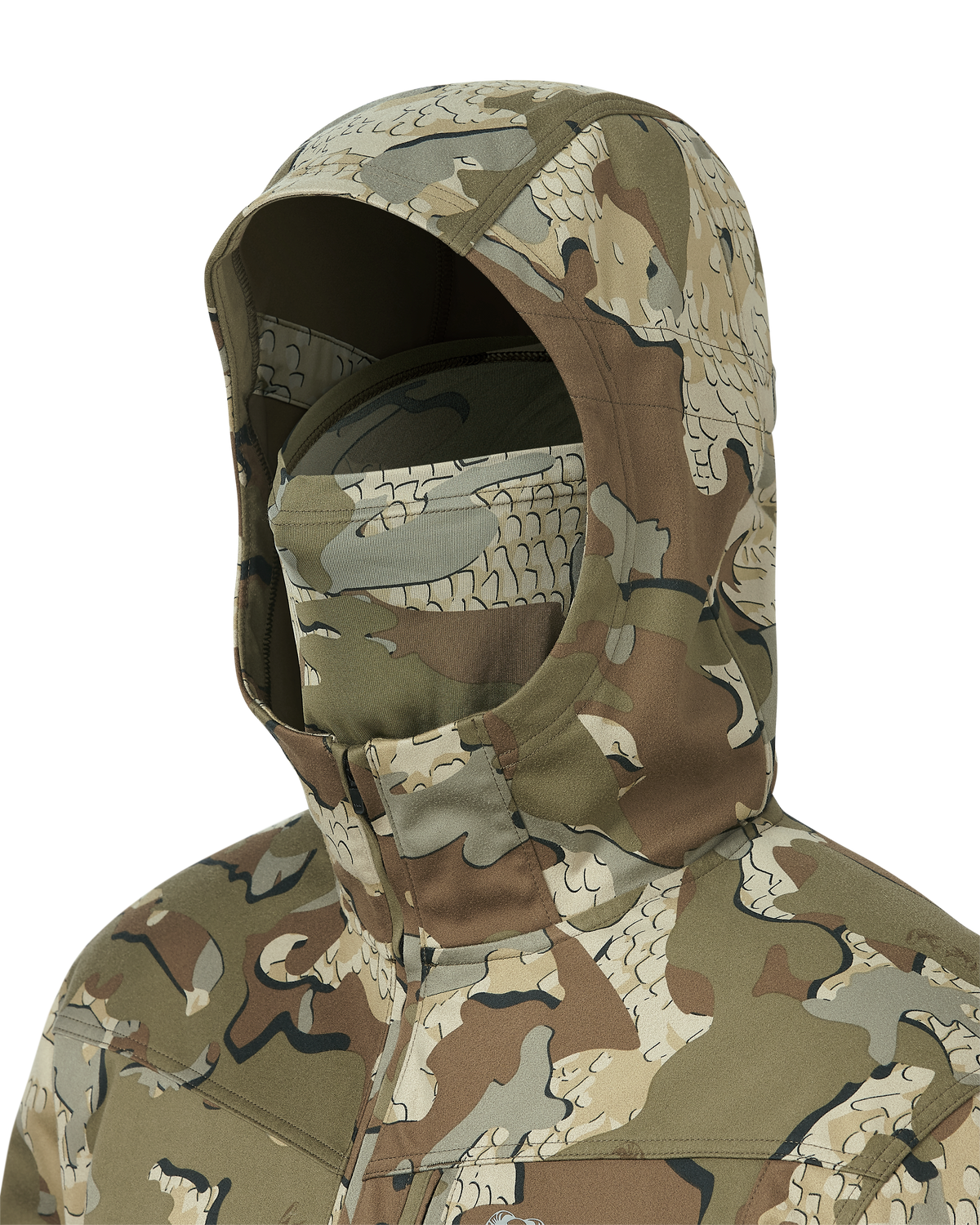 A close-up of hood with built-in, matching neck gaiter shown on the Drawpoint Hoodie in Valo Camouflage.
