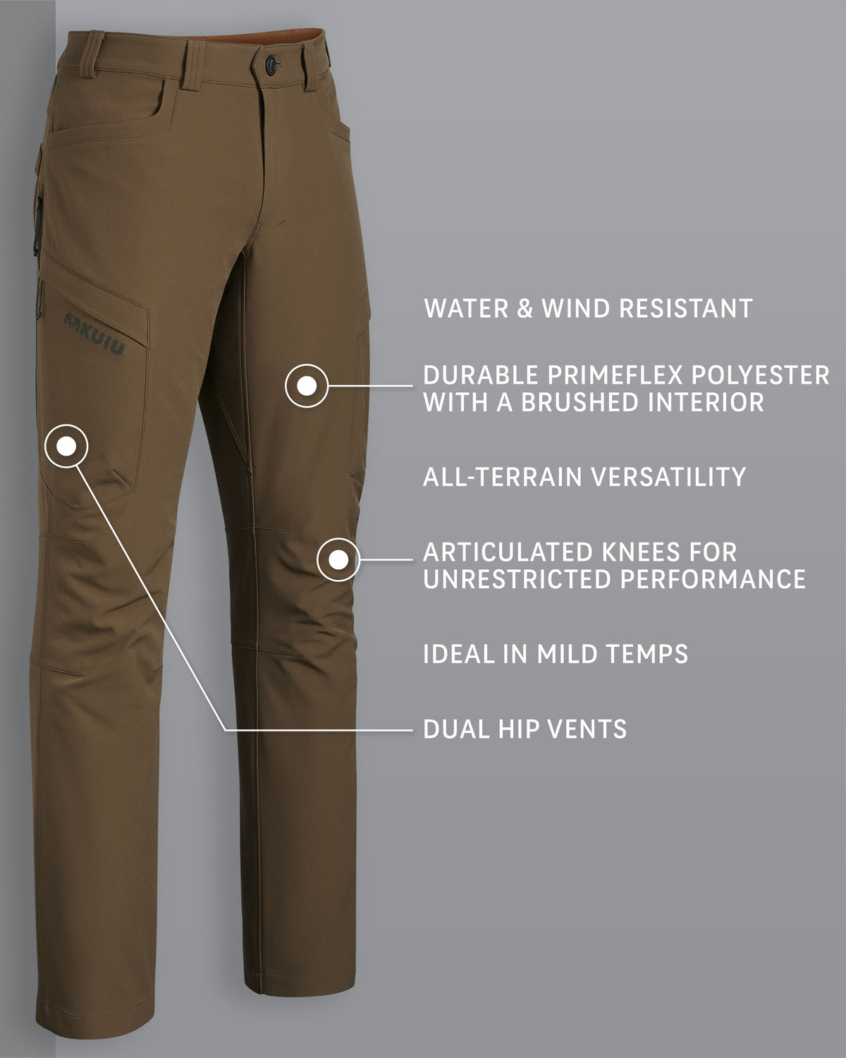 Attack Pant in Grizzly Brown Detail Callout, Water & Wind Resistant, Durable Primeflex Polyester with a Brushed Interior, All-Terrain Versatility, Articulated Knees for Unrestricted Performance, Ideal in Mild Temps and Dual Hip Vents
