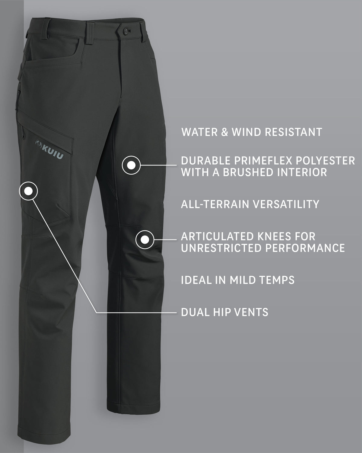 Attack Pant in Dark Gunmetal Grey Detail Callout, Water & Wind Resistant, Durable Primeflex Polyester with a Brushed Interior, All-Terrain Versatility, Articulated Knees for Unrestricted Performance, Ideal in Mild Temps and Dual Hip Vents