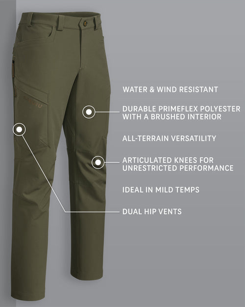 Attack Pant in Evergreen Detail Callout, Water & Wind Resistant, Durable Primeflex Polyester with a Brushed Interior, All-Terrain Versatility, Articulated Knees for Unrestricted Performance, Ideal in Mild Temps and Dual Hip Vents