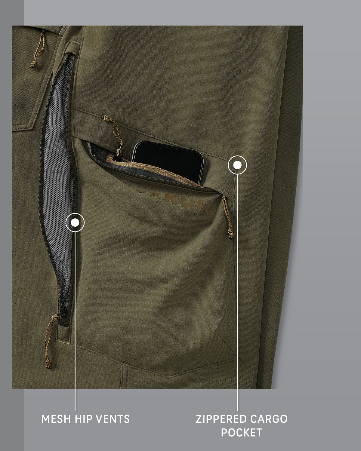 Attack Pant in Evergreen Mesh Hip Vents and Zippered Cargo Pocket Detail Callout