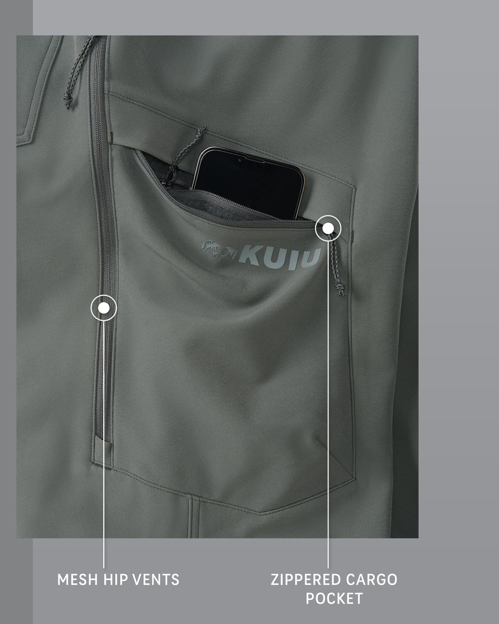 Attack Pant in Stone Grey Mesh Hip Vents and Zippered Cargo Pocket Detail Callout
