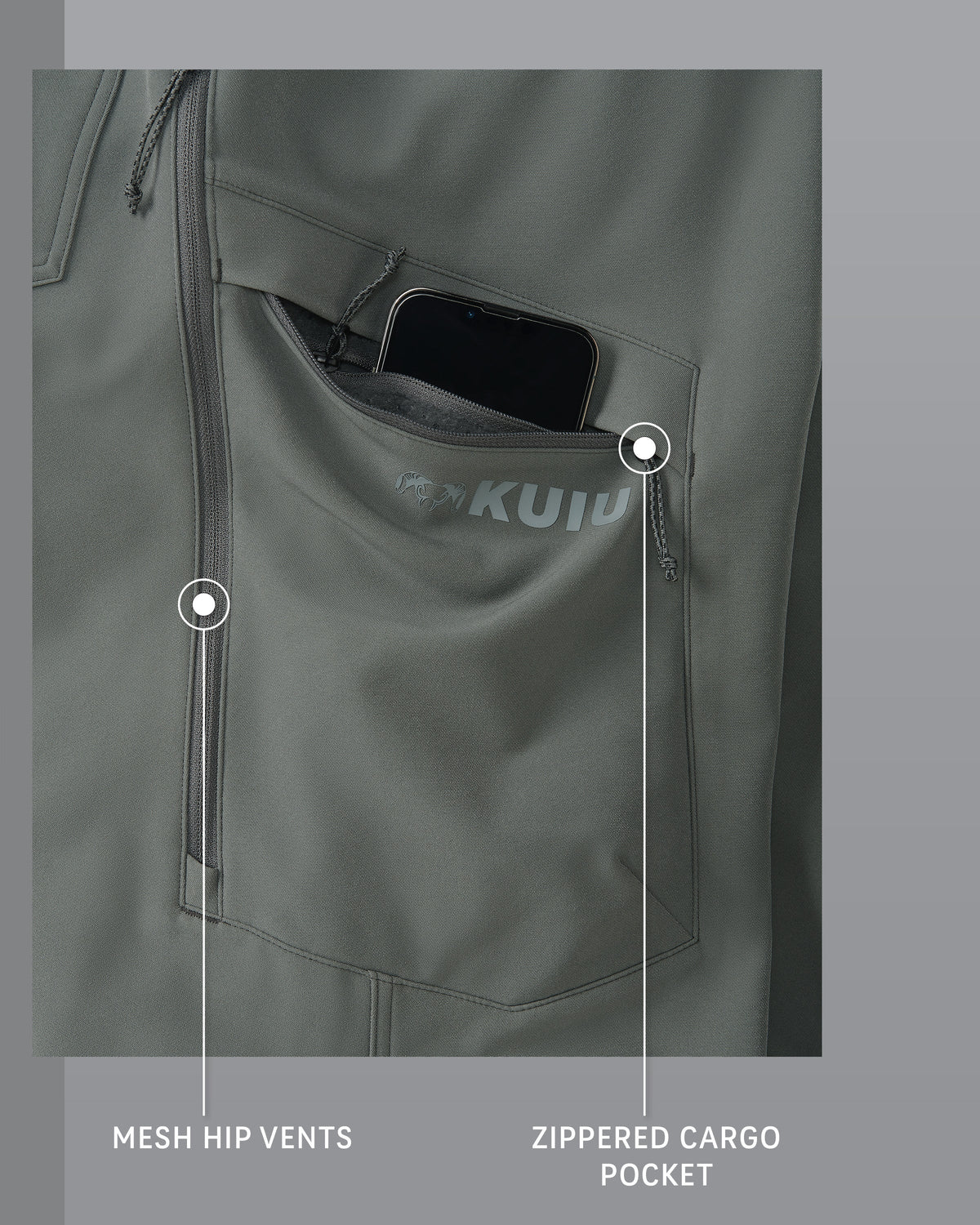 Attack Pant in Stone Grey Mesh Hip Vents and Zippered Cargo Pocket Detail Callout