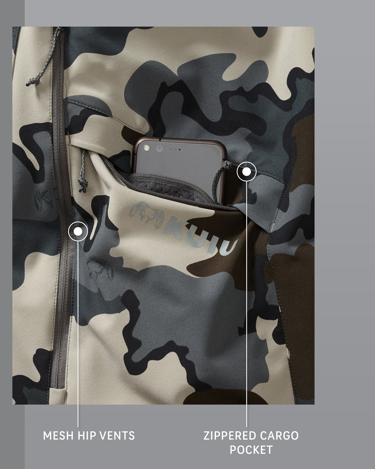 Attack Pant Vias Mesh Hip Vent and Zippered Cargo Pocket Detail Callout