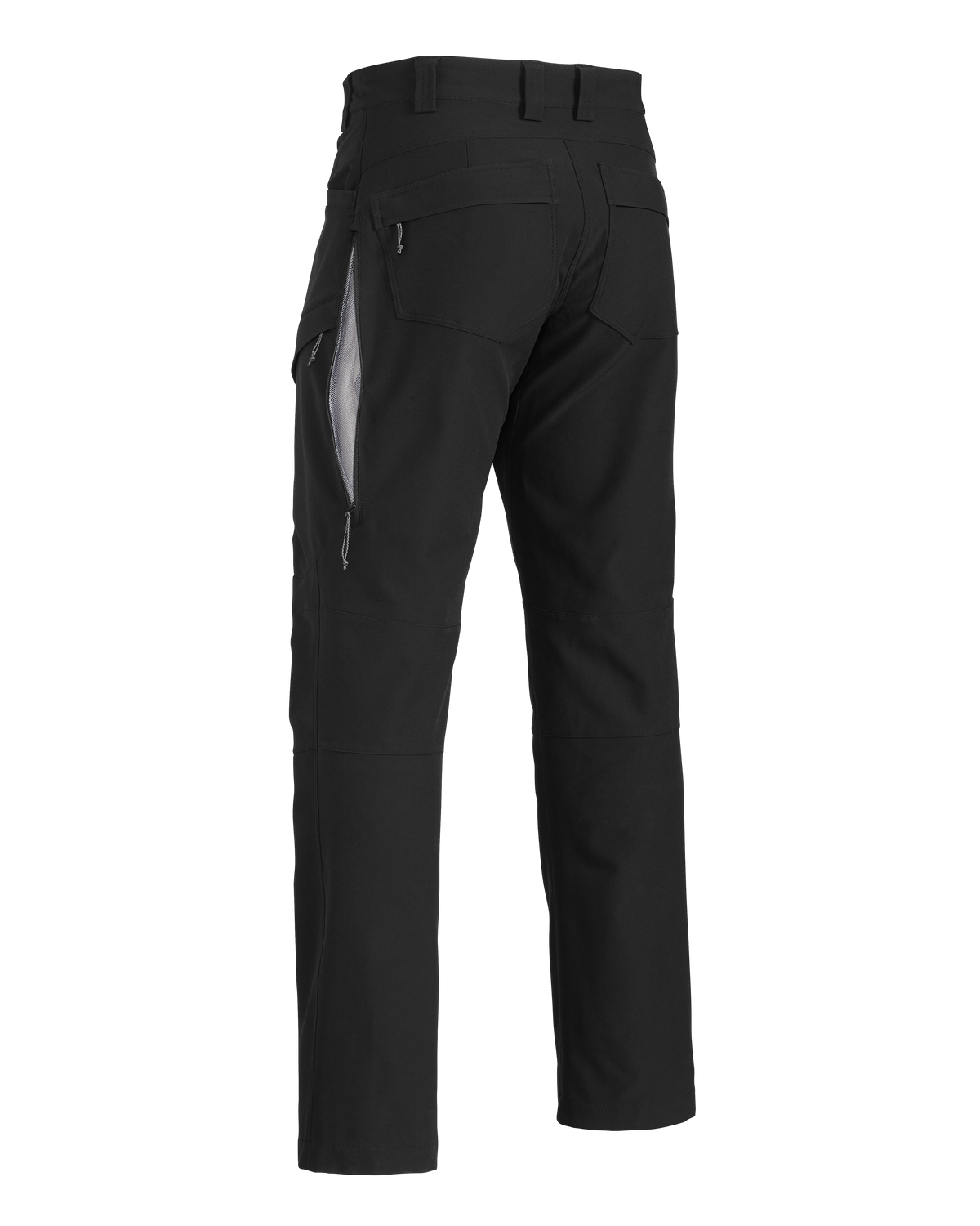 Back of Attack Pant in Black showing Open YKK Zippered Hip Vent