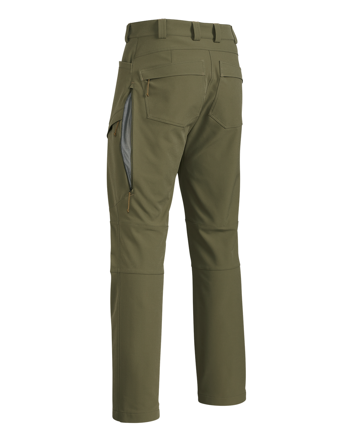 Back of Attack Pant in Evergreen showing open hip vent