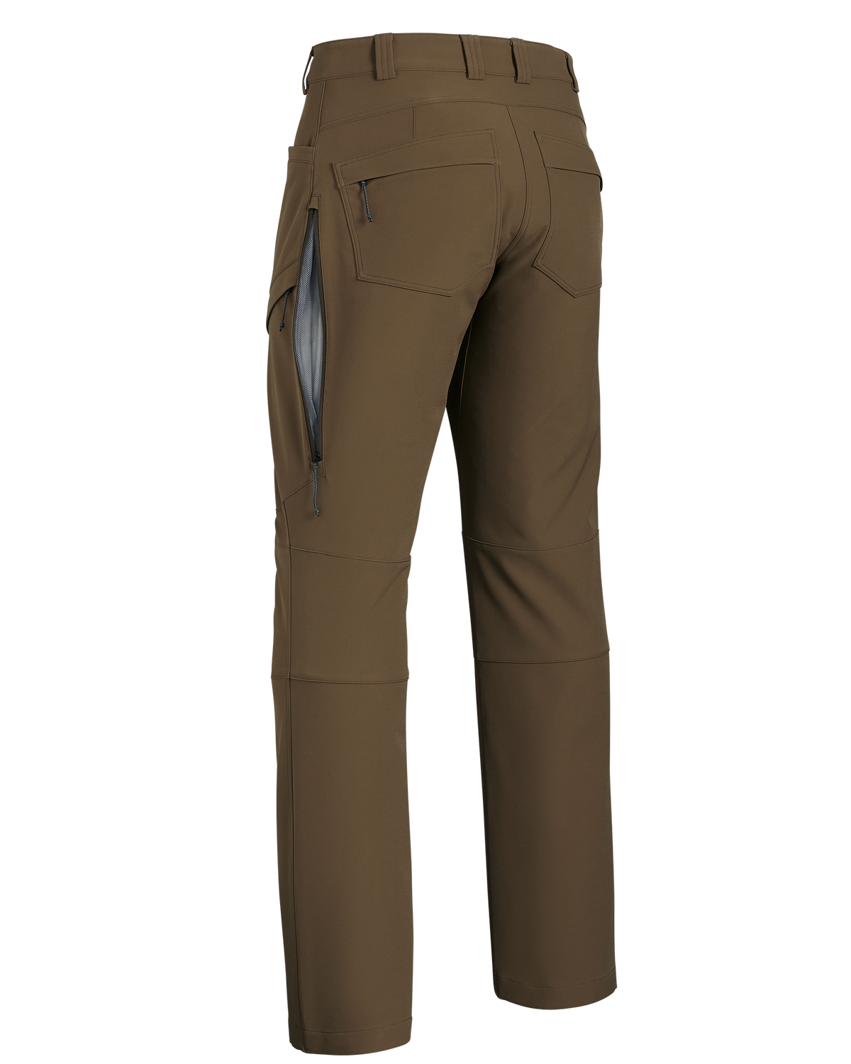 Back of Attack Pant in Grizzly Brown showing open hip vent