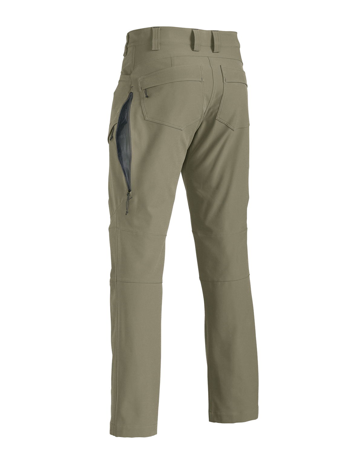 Back of Attack Pant in Khaki showing open hip vent