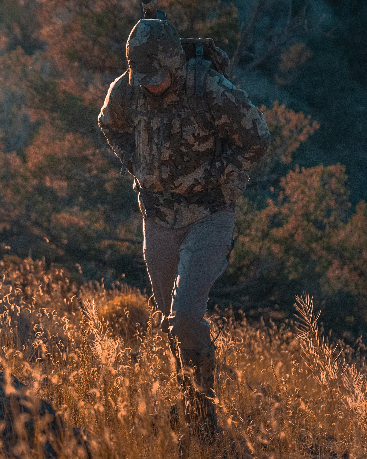 Front of Hunter Hiking Wearing Attack Pants in Khaki Color