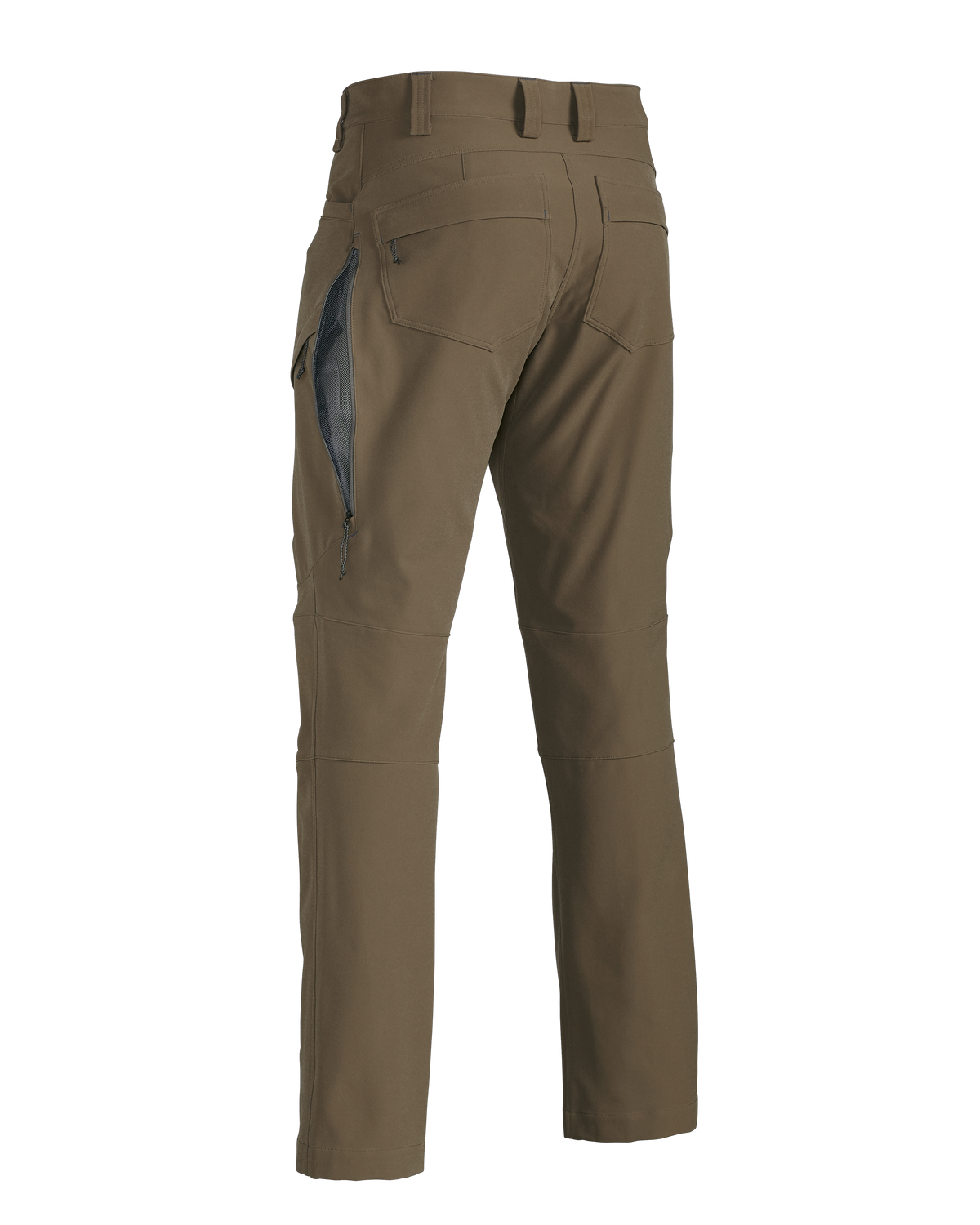 Back of Attack Pant in Major Brown showing Open YKK Zippered Hip Vent