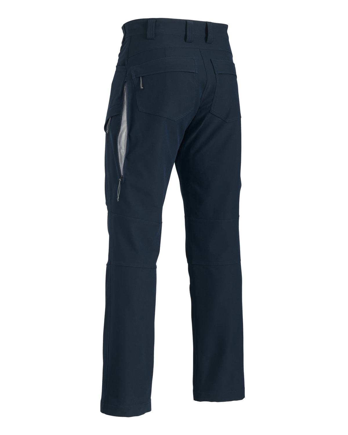 Back of Attack Pant in Navy Blue Color showing Open YKK Zippered Hip Vent