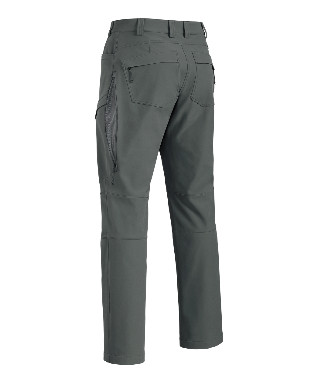 Back of Attack Pant in Stone Grey showing open hip vent