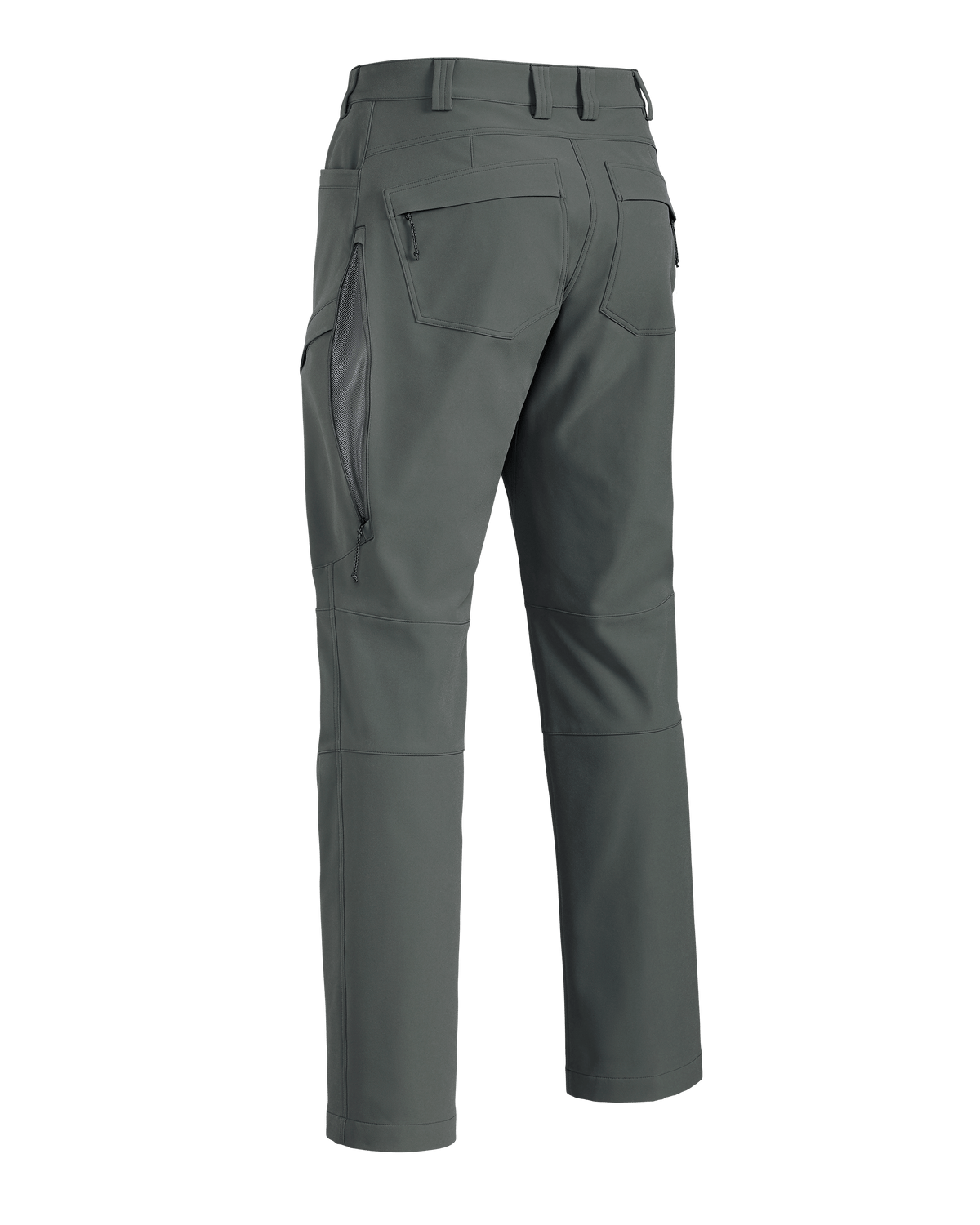 Back of Attack Pant in Stone Grey showing open hip vent