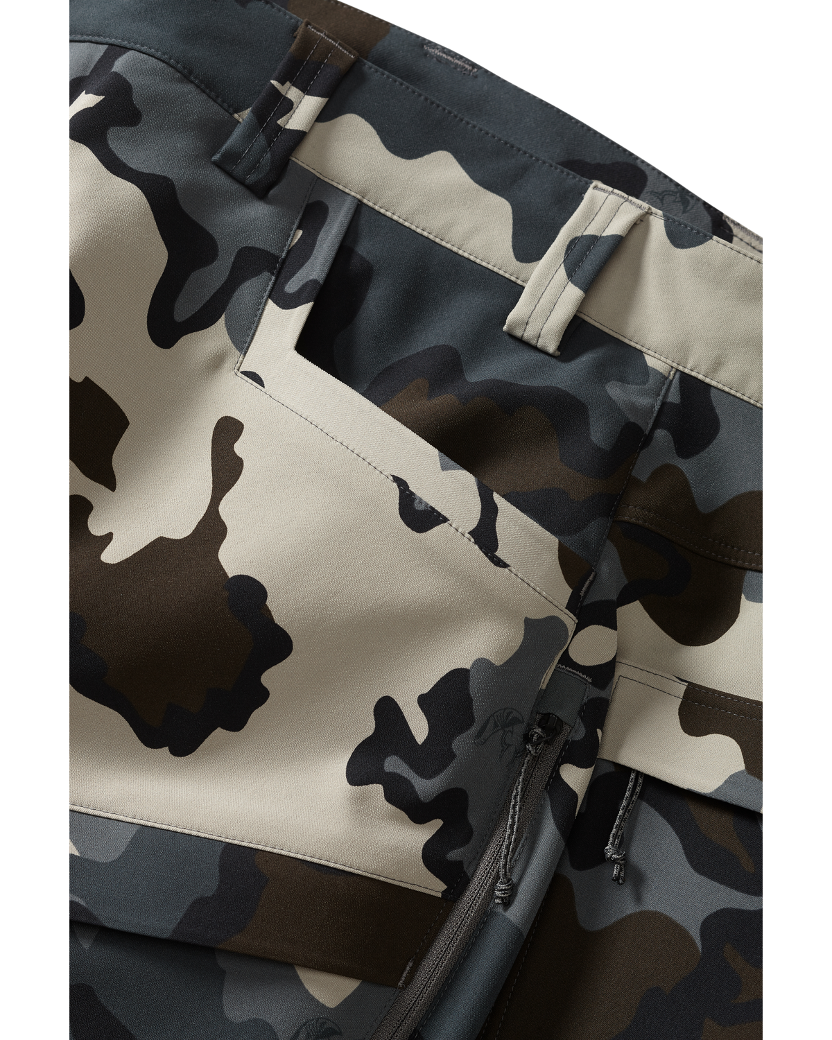 Front of Attack Pants in Vias Camouflage Highlighting Open Hand Pocket