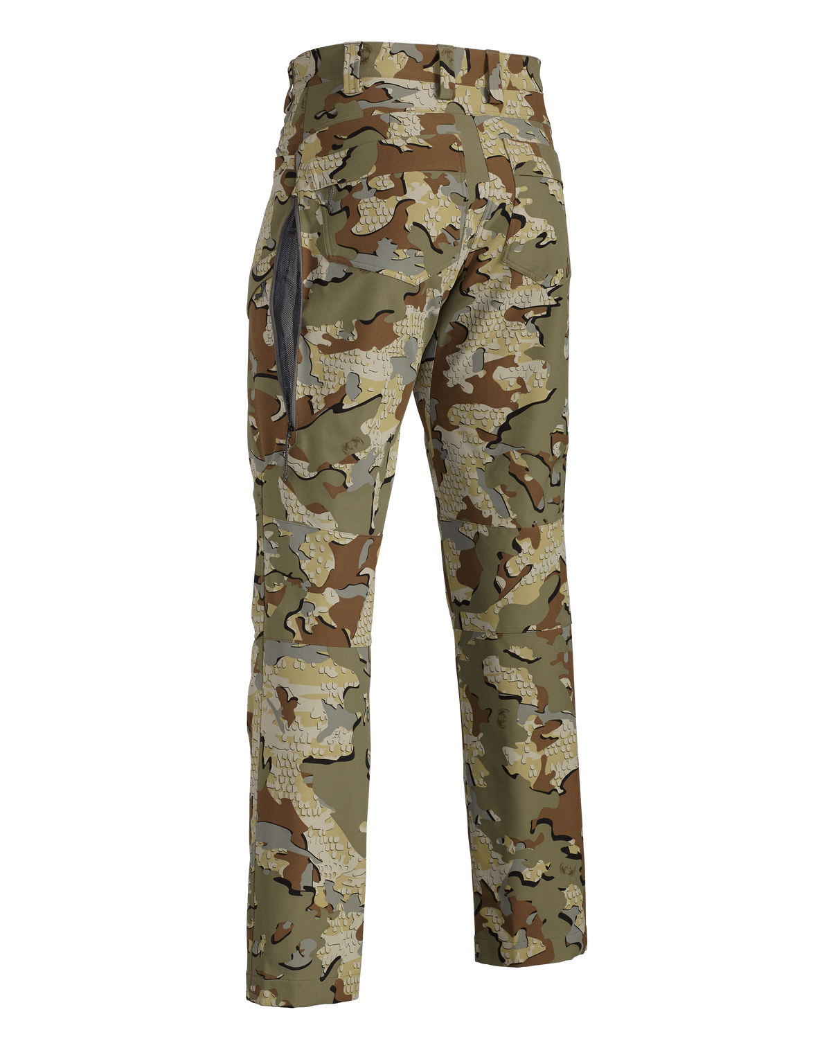 Back of Attack Pant in Valo Camouflage showing open YKK Zippered hip vent
