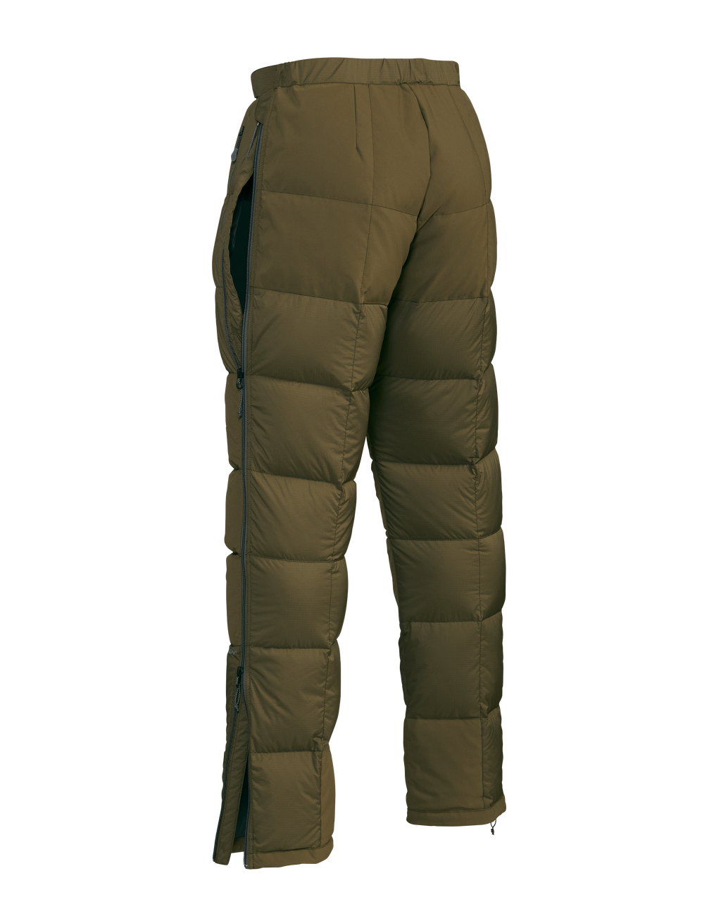 Rear, Angled View of Super Down Pro Pants in Bourbon Brown Color Highlighting Open, Full Length YKK Leg Zipper