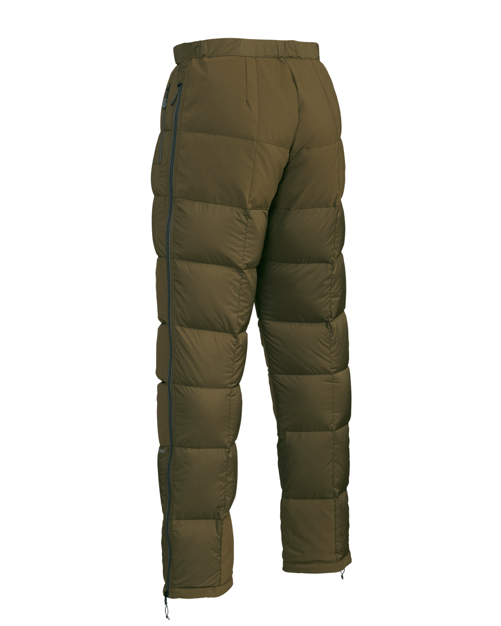 Back of Super Down PRO Pant in Bourbon Brown showing full-length leg zipper