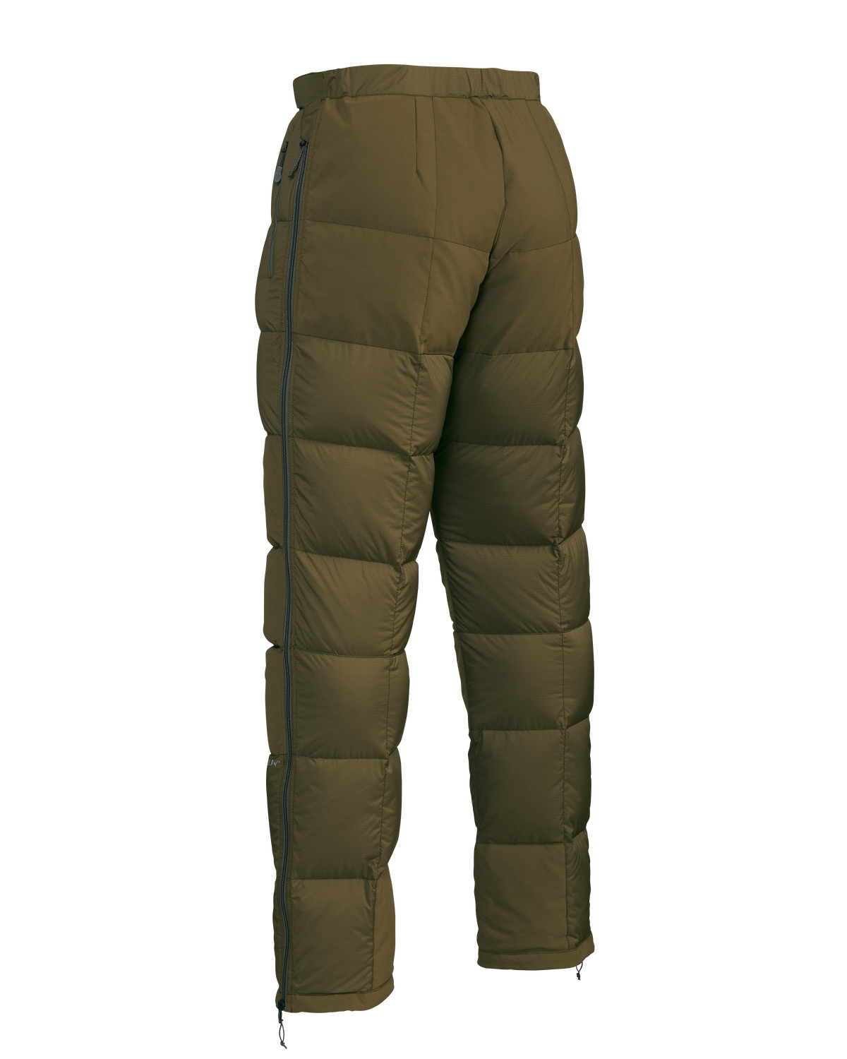 Back of Super Down PRO Pant in Bourbon Brown showing full-length leg zipper
