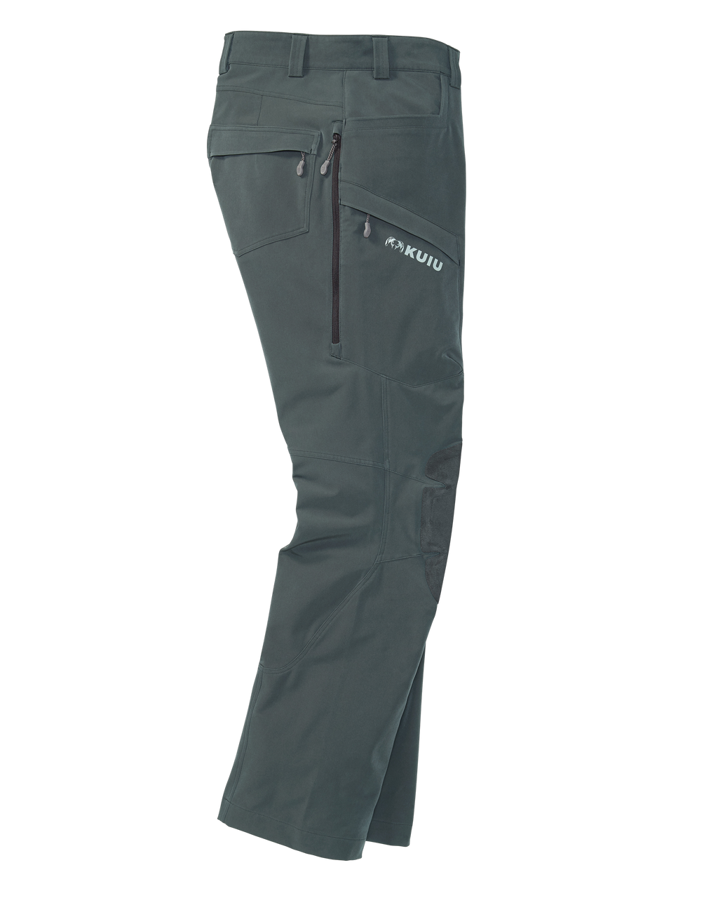 Side angle of PRO Pant in Gunmetal showcasing the knee articulation and zipped up hip vent