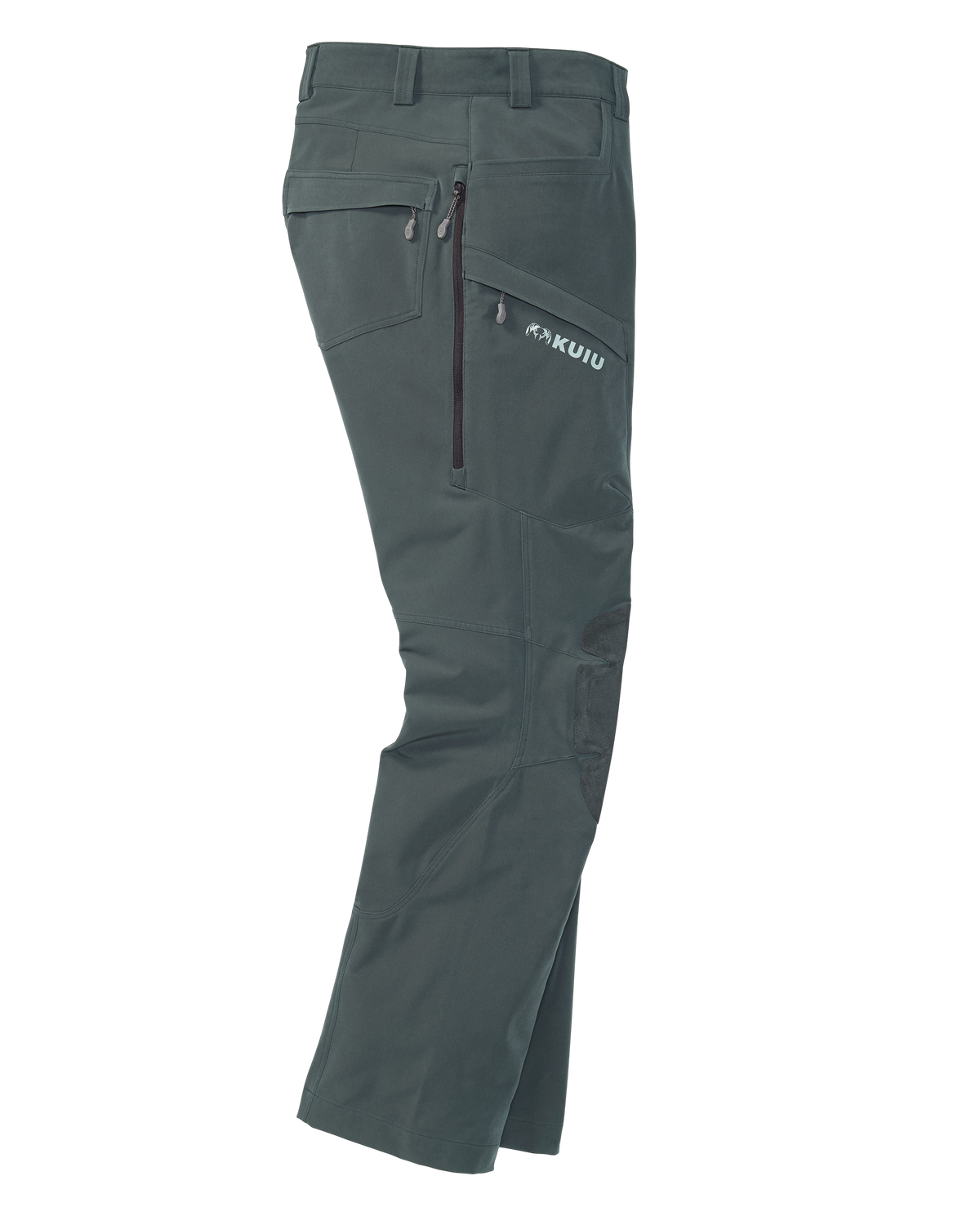 Side angle of PRO Pant in Gunmetal showcasing the knee articulation and zipped up hip vent