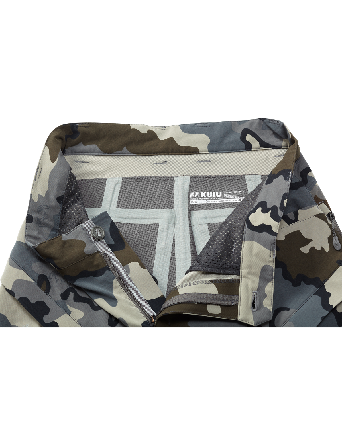 Zoomed in detail Talus Hybrid Pant in Vias Camouflage showcasing the inside of the pant and the seam taped seat